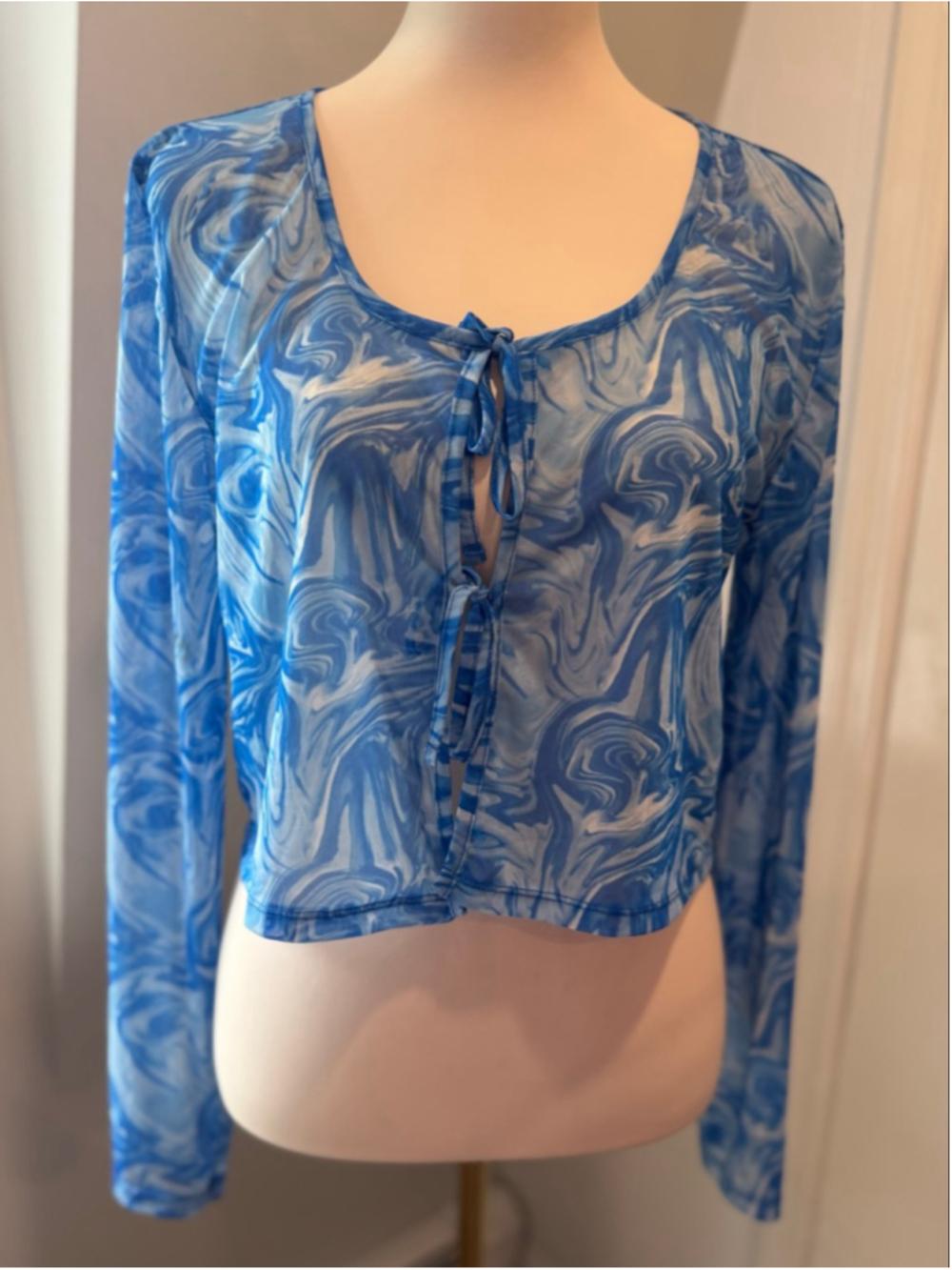 Noisy May Blue Swirl Mesh Tie Front Long Sleeve Crop Top Size XL